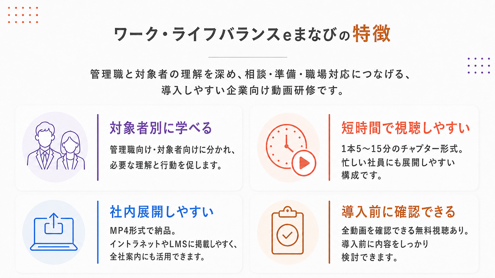 ワーク・ライフバランスｅまなびの特徴。管理職向け・対象者向けに分かれて学べる、1本5～15分のチャプター形式で短時間に視聴しやすい、MP4形式で社内イントラネットやLMSに掲載しやすい、導入前に全動画を無料視聴して内容を確認できる企業向け動画研修です。